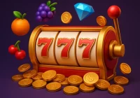 Mesin slot 3D dengan angka 777, koin emas, dan simbol buah sebagai ilustrasi Pola Slot Gacor Cuan anti rungkat